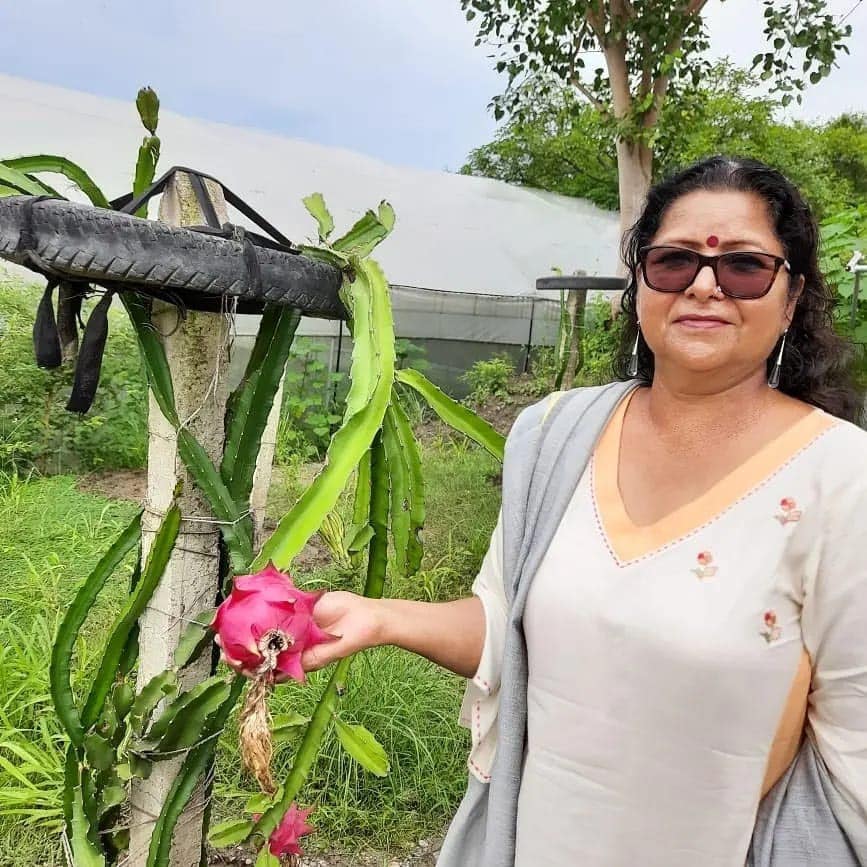 Reeva Sood with her organically grown dragonfruit plant 