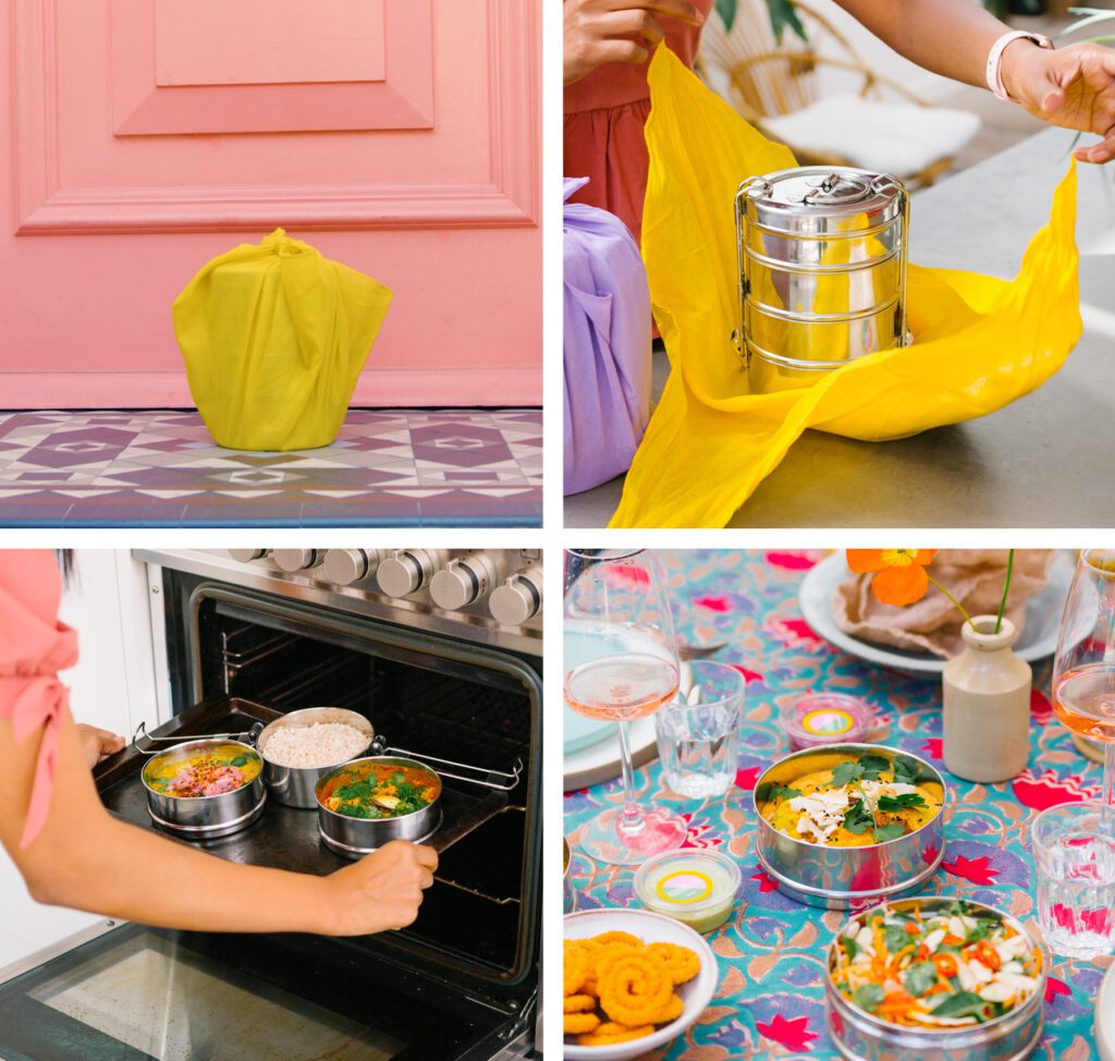 A 4 picture collage that showcases the metal containers called dabbas used to package the food along with a yellow reusable cloth. 