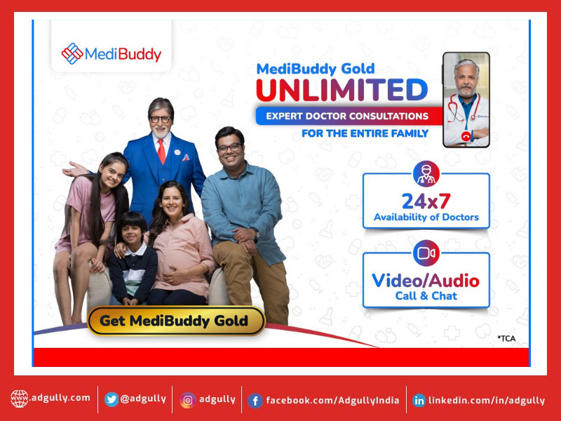 features Amitabh Bacchan with a family promoting MediBuddy's 24/7 doctor consultations service. 