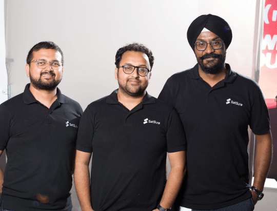 features SatSure co-founders, Abhishek Raju (L), Prateep Basu (M), and Rashmit Singh Sukhmani (R)