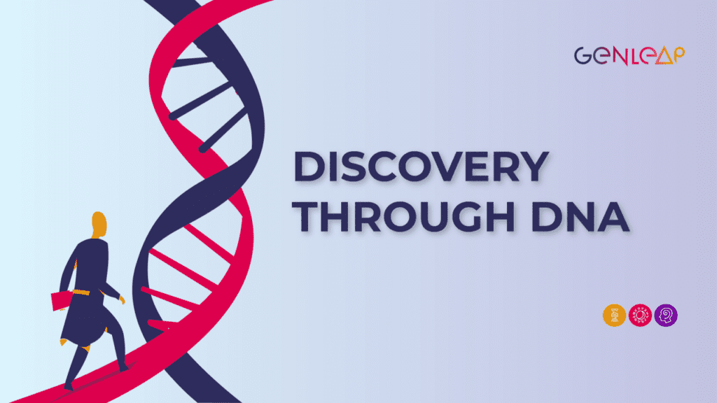 Discover through DNA, a person climbing forward on a road build on a DNA sequence. 