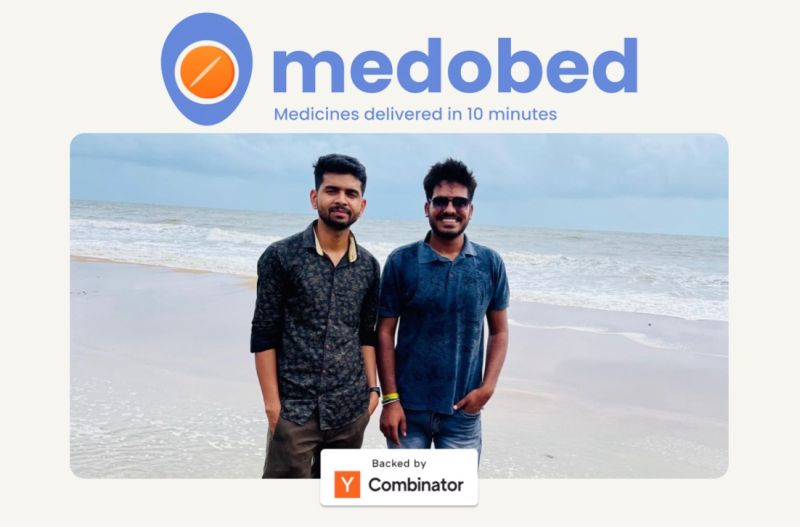 Shows the co-founders of Medobed Piyush Sharma and Gagan Shesha on a beach. 
