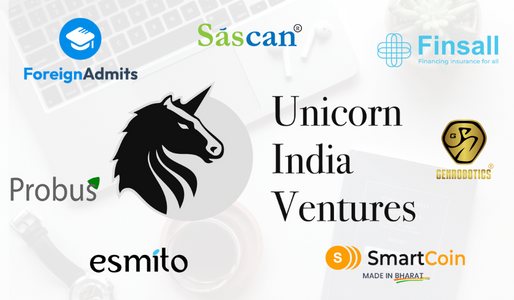 Unicorn India Ventures logo with some of its portfolio companies like Finsall, Sascan, Probus, esmito, etc.