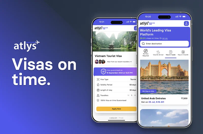 Atlys - Visas on time slogan with two smartphones showcasing the atlys app and website. 