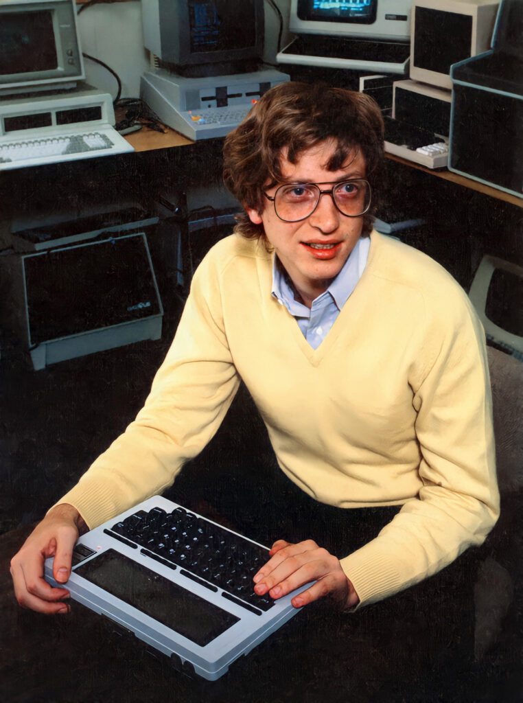 Bill Gates holding a typesetter in 1985