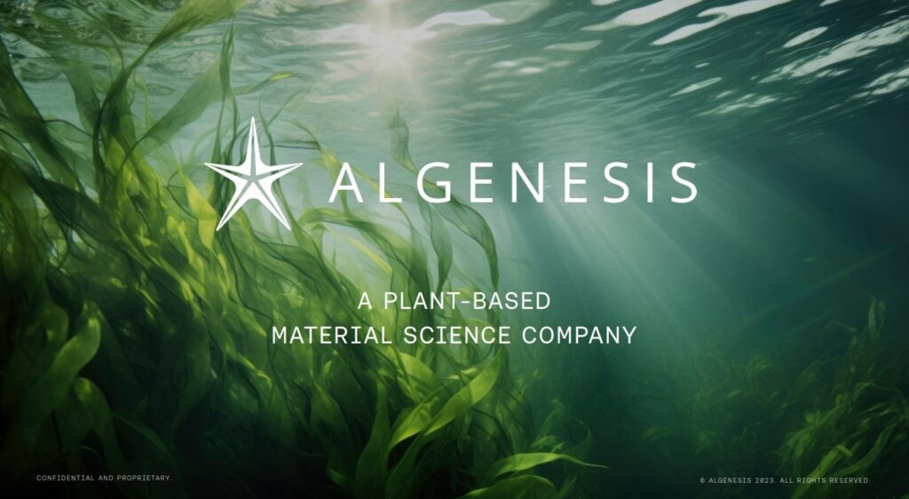 Algenesis: A plant-based material company logo in front of plants floating under water. 