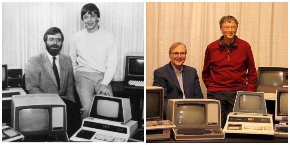 Bill Gates and Paul Allen in 1981 (left) and the recreated picture in 2013 (right)